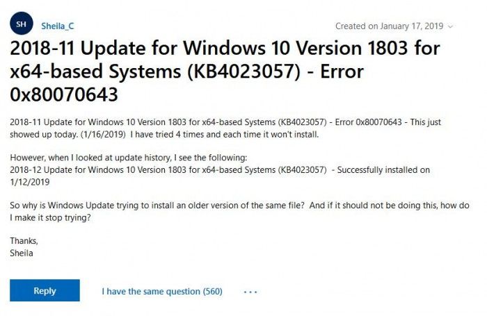 微软重发KB4023057更新致部分用户更新失败
